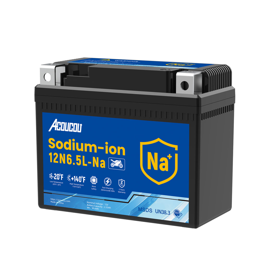 Acoucou 12N6.5L-BS Motorcycle Battery, 12V Sodium-Ion Battery,, For Motorcycles, ATV, Lawn Mowers, Dirt Bike,Tractors, Scooter, UTV. Replacement for  Lead-acid and Lithium Batteries