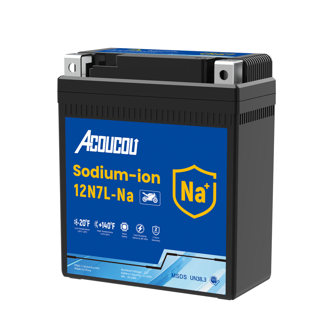 Acoucou 12N7L-BS Motorcycle Battery, 12V Sodium-Ion Battery,, For Motorcycles, ATV, Lawn Mowers, Dirt Bike,Tractors, Scooter, UTV. Replacement for  Lead-acid and Lithium Batteries