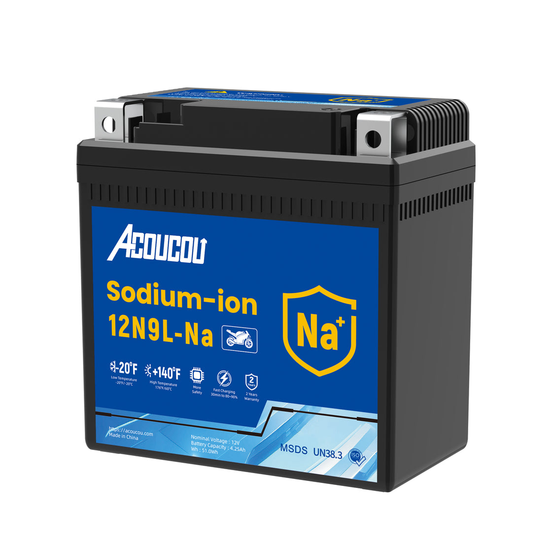 Acoucou 12N9L-BS Motorcycle Battery, 12V Sodium-Ion Battery,, For Motorcycles, ATV, Lawn Mowers, Dirt Bike,Tractors, Scooter, UTV. Replacement for  Lead-acid and Lithium Batteries