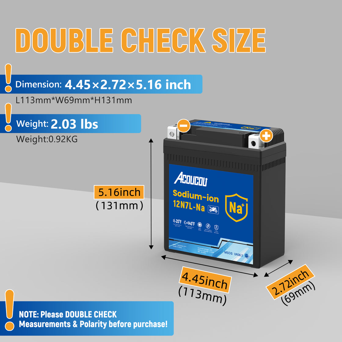Acoucou 12N7L-BS Motorcycle Battery, 12V Sodium-Ion Battery,, For Motorcycles, ATV, Lawn Mowers, Dirt Bike,Tractors, Scooter, UTV. Replacement for  Lead-acid and Lithium Batteries