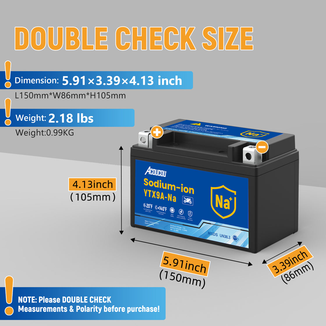 Acoucou  YTX9A-BS Motorcycle Battery, YTX9-BS12V 4.25Ah Sodium-Ion Battery, 250CCA, For Motorcycles, ATV, Lawn Mowers, Tractors