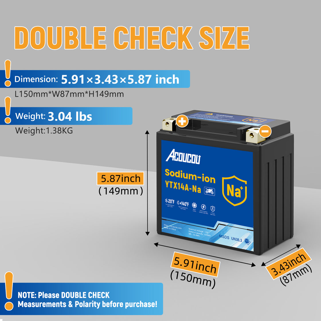 Acoucou YTX14A-BS Motorcycle Battery, 12V Sodium-Ion Battery, 250CCA, High Performance Rechargeable Maintenance Free Batteries For Motorcycles, ATV, Lawn Mowers, Scooter,UTV, ect.
