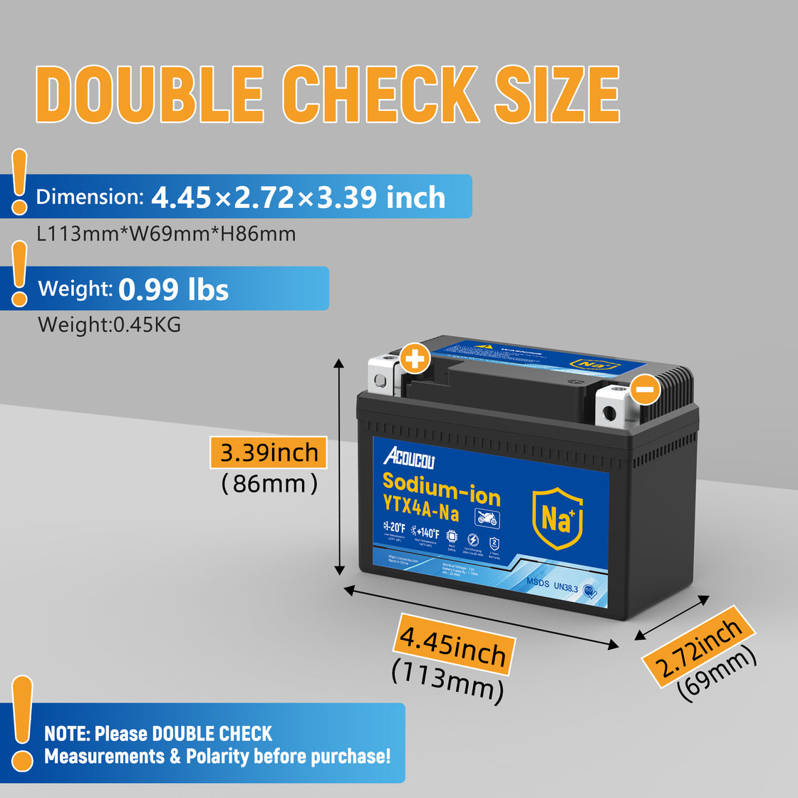 Acoucou YTX4A-BS Motorcycle Battery, 12V Sodium-Ion Battery, 140CCA, High Performance Rechargeable Maintenance Free Batteries For Motorcycles, ATV, Lawn Mowers, Scooter,UTV, ect.