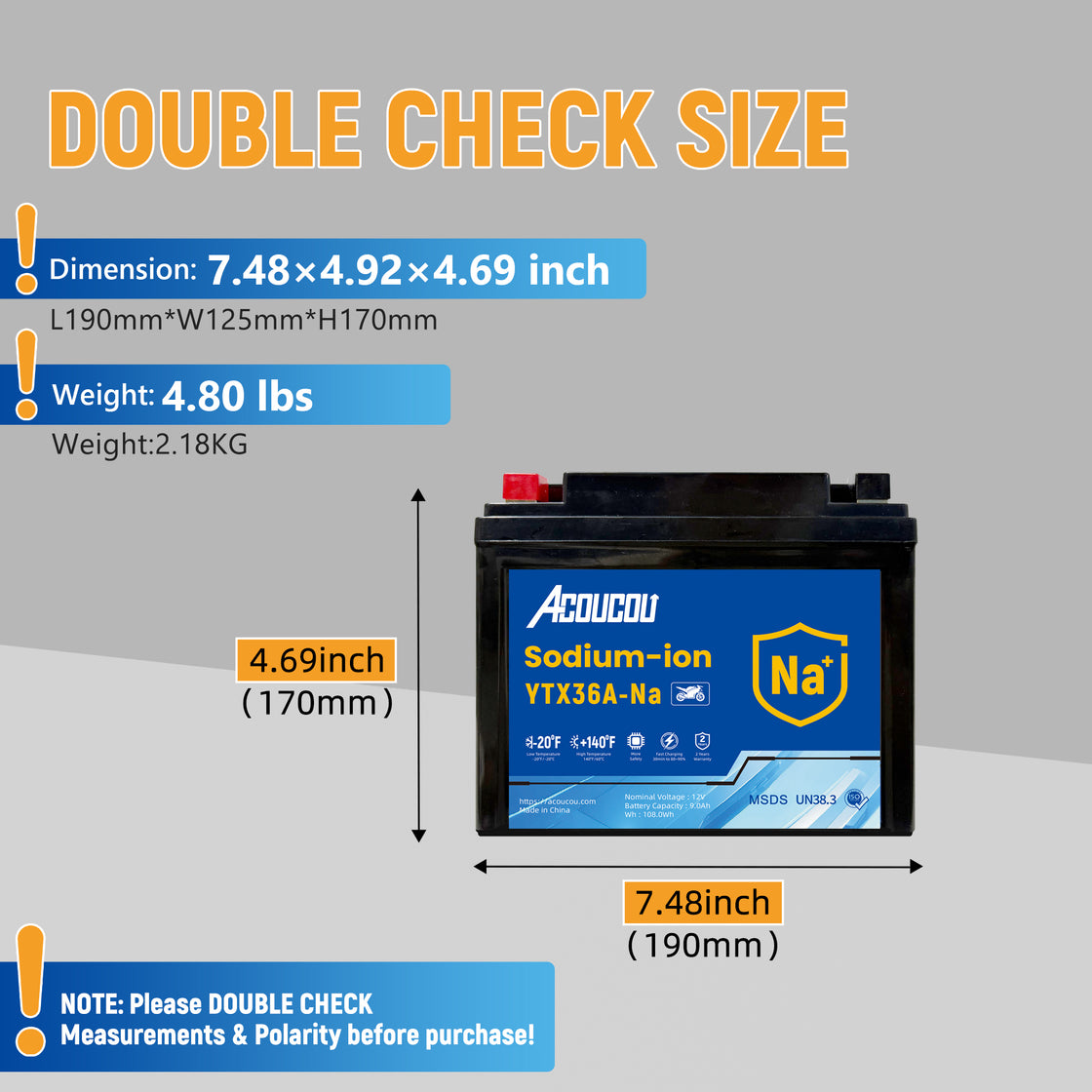 Acoucou YTX36A-BS Motorcycle Battery, 12V Sodium-Ion Battery,, For Motorcycles, ATV, Lawn Mowers, Dirt Bike,Tractors, Scooter, UTV. Replacement for  Lead-acid and Lithium Batteries