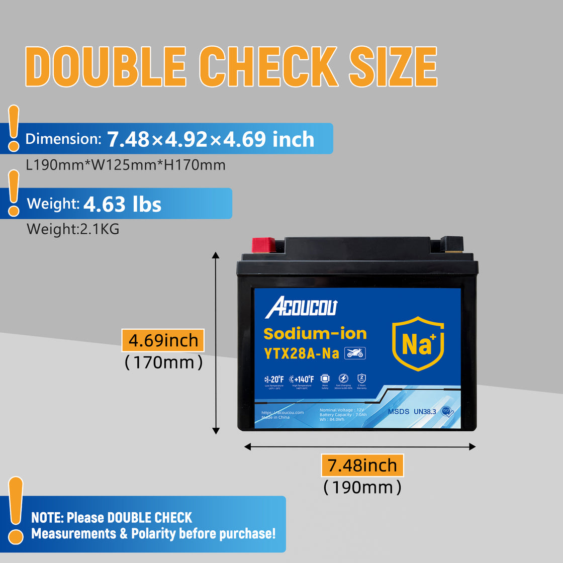 Acoucou 12N28A-BS Motorcycle Battery, 12V Sodium-Ion Battery,, For Motorcycles, ATV, Lawn Mowers, Dirt Bike,Tractors, Scooter, UTV. Replacement for  Lead-acid and Lithium Batteries