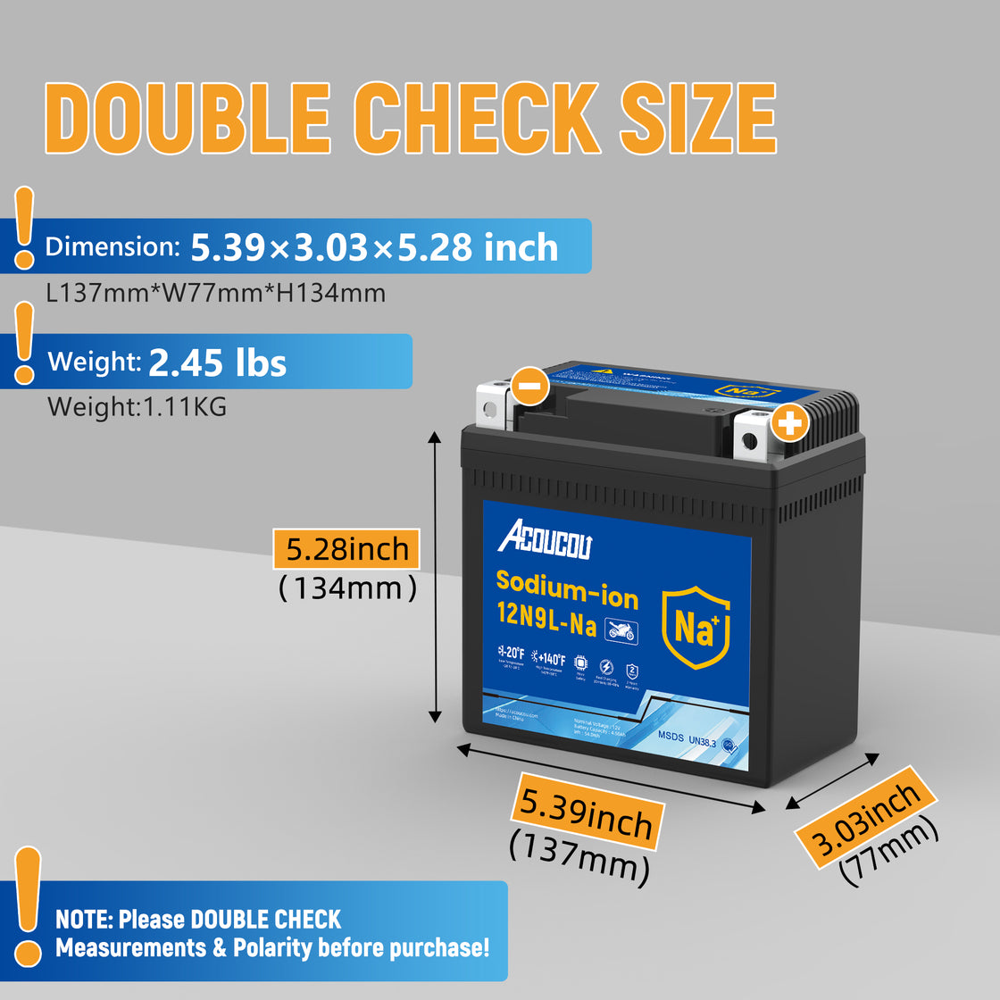 Acoucou 12N9L-BS Motorcycle Battery, 12V Sodium-Ion Battery,, For Motorcycles, ATV, Lawn Mowers, Dirt Bike,Tractors, Scooter, UTV. Replacement for  Lead-acid and Lithium Batteries