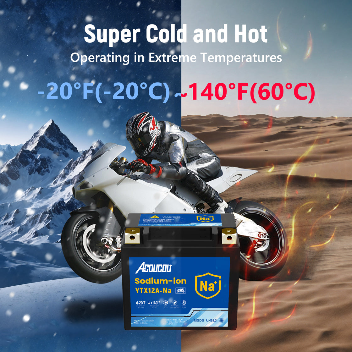 Acoucou YTX12A-BS Motorcycle Battery, 12V Sodium-Ion Battery,, For Motorcycles, ATV, Lawn Mowers, Dirt Bike,Tractors, Scooter, UTV. Replacement for  Lead-acid and Lithium Batteries