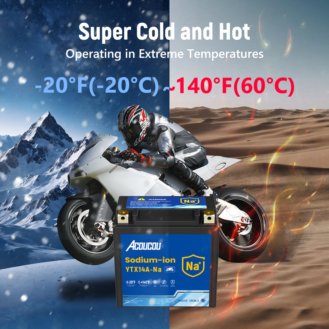 Acoucou YTX14A-BS Motorcycle Battery, 12V Sodium-Ion Battery, 250CCA, High Performance Rechargeable Maintenance Free Batteries For Motorcycles, ATV, Lawn Mowers, Scooter,UTV, ect.