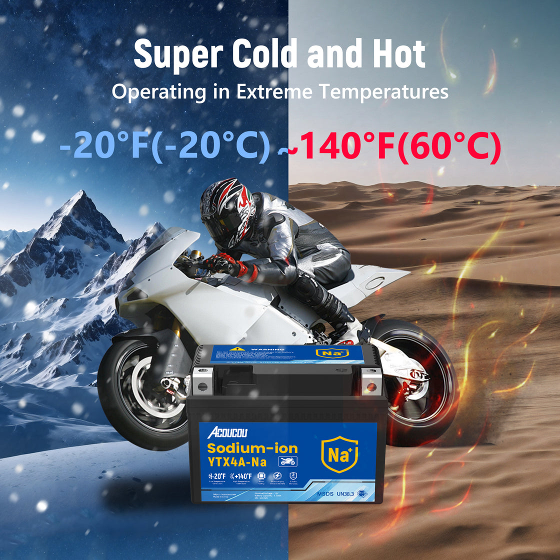 Acoucou YTX4A-BS Motorcycle Battery, 12V Sodium-Ion Battery, 140CCA, High Performance Rechargeable Maintenance Free Batteries For Motorcycles, ATV, Lawn Mowers, Scooter,UTV, ect.