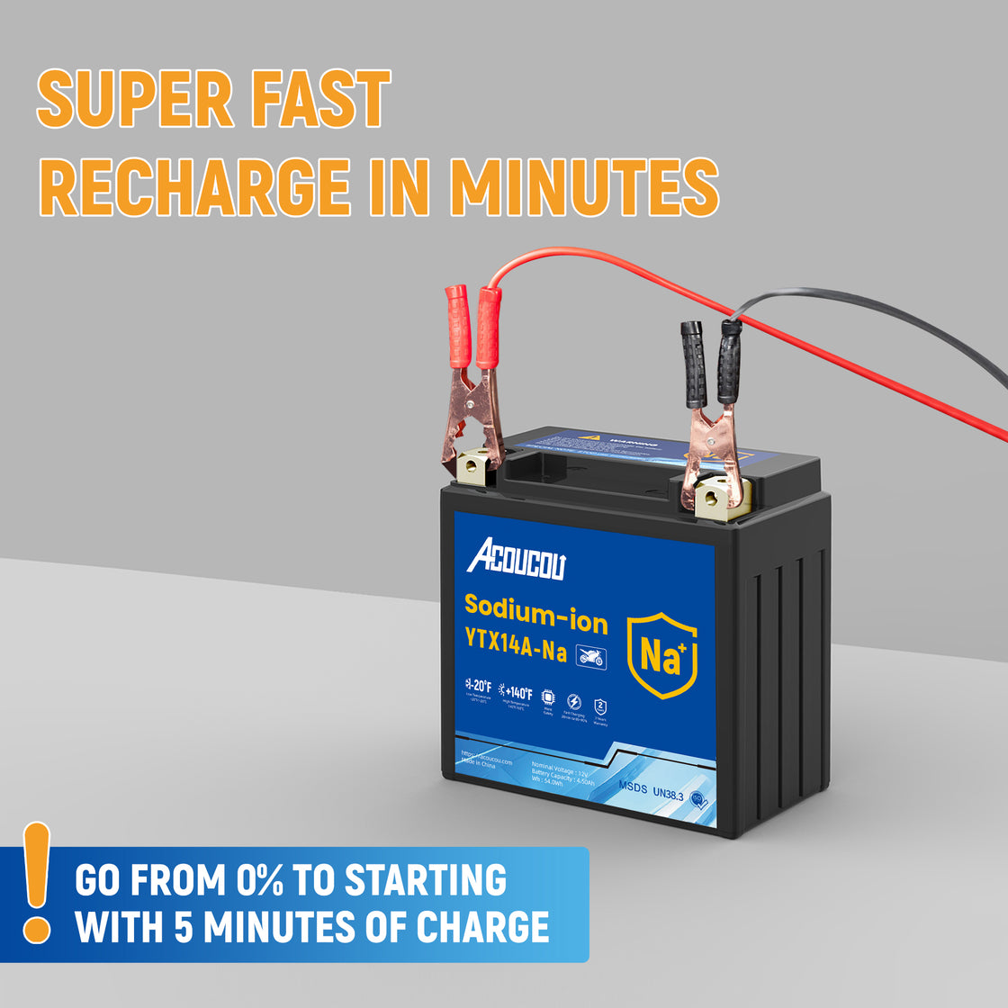 Acoucou YTX14A-BS Motorcycle Battery, 12V Sodium-Ion Battery, 250CCA, High Performance Rechargeable Maintenance Free Batteries For Motorcycles, ATV, Lawn Mowers, Scooter,UTV, ect.