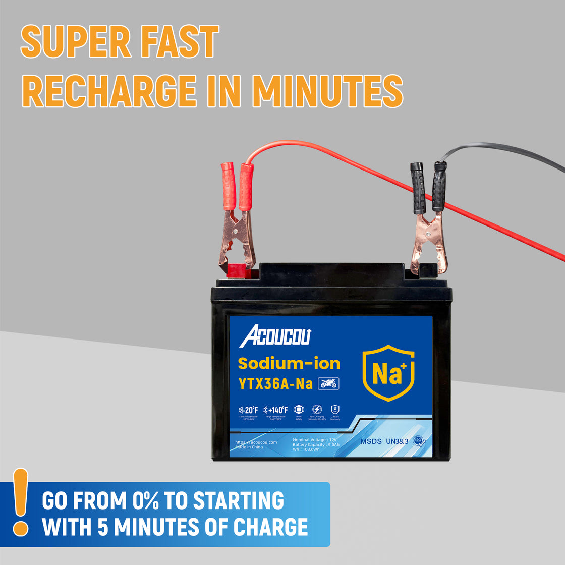 Acoucou YTX36A-BS Motorcycle Battery, 12V Sodium-Ion Battery,, For Motorcycles, ATV, Lawn Mowers, Dirt Bike,Tractors, Scooter, UTV. Replacement for  Lead-acid and Lithium Batteries