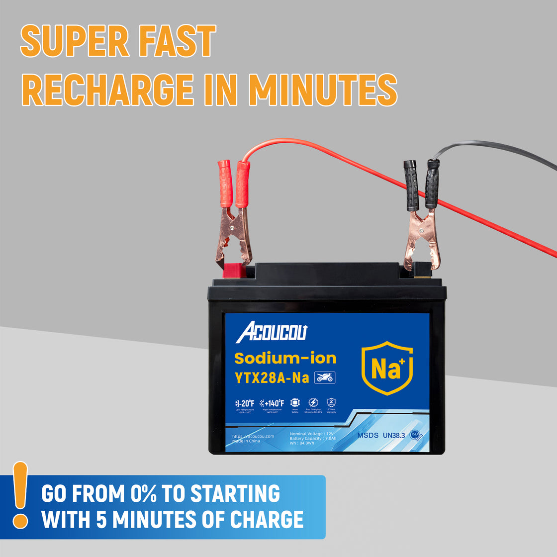 Acoucou 12N28A-BS Motorcycle Battery, 12V Sodium-Ion Battery,, For Motorcycles, ATV, Lawn Mowers, Dirt Bike,Tractors, Scooter, UTV. Replacement for  Lead-acid and Lithium Batteries