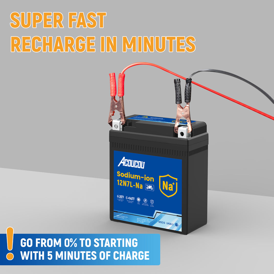 Acoucou 12N7L-BS Motorcycle Battery, 12V Sodium-Ion Battery,, For Motorcycles, ATV, Lawn Mowers, Dirt Bike,Tractors, Scooter, UTV. Replacement for  Lead-acid and Lithium Batteries