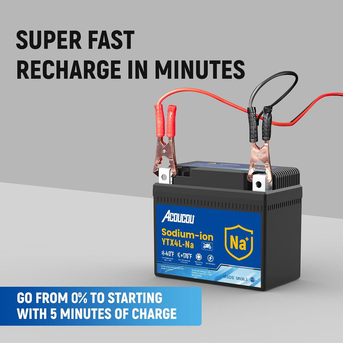 Acoucou YTX4A-BS Motorcycle Battery, 12V Sodium-Ion Battery, 140CCA, High Performance Rechargeable Maintenance Free Batteries For Motorcycles, ATV, Lawn Mowers, Scooter,UTV, ect.