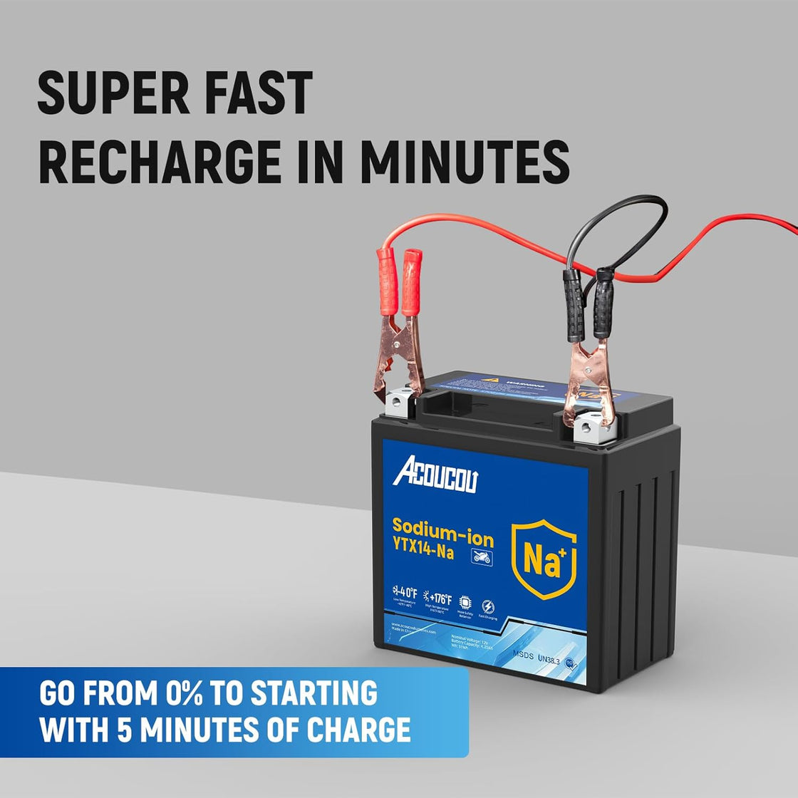 Acoucou YTX14A-BS Motorcycle Battery, 12V Sodium-Ion Battery, 250CCA, High Performance Rechargeable Maintenance Free Batteries For Motorcycles, ATV, Lawn Mowers, Scooter,UTV, ect.