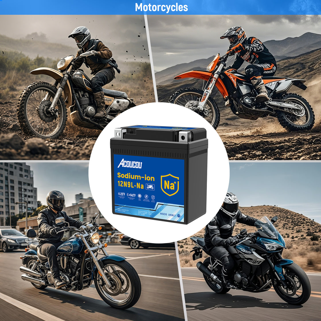 Acoucou 12N9L-BS Motorcycle Battery, 12V Sodium-Ion Battery,, For Motorcycles, ATV, Lawn Mowers, Dirt Bike,Tractors, Scooter, UTV. Replacement for  Lead-acid and Lithium Batteries
