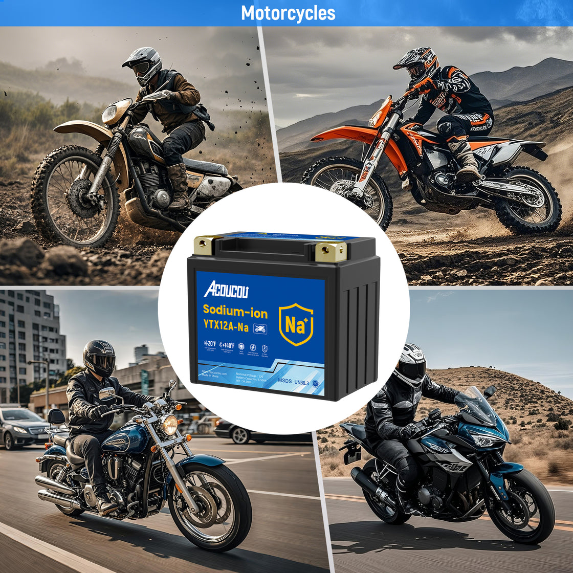 Acoucou YTX12A-BS Motorcycle Battery, 12V Sodium-Ion Battery,, For Motorcycles, ATV, Lawn Mowers, Dirt Bike,Tractors, Scooter, UTV. Replacement for  Lead-acid and Lithium Batteries