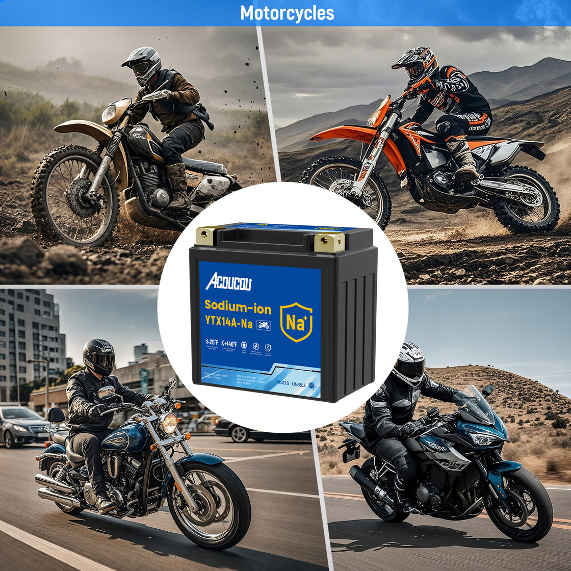 Acoucou YTX14A-BS Motorcycle Battery, 12V Sodium-Ion Battery, 250CCA, High Performance Rechargeable Maintenance Free Batteries For Motorcycles, ATV, Lawn Mowers, Scooter,UTV, ect.