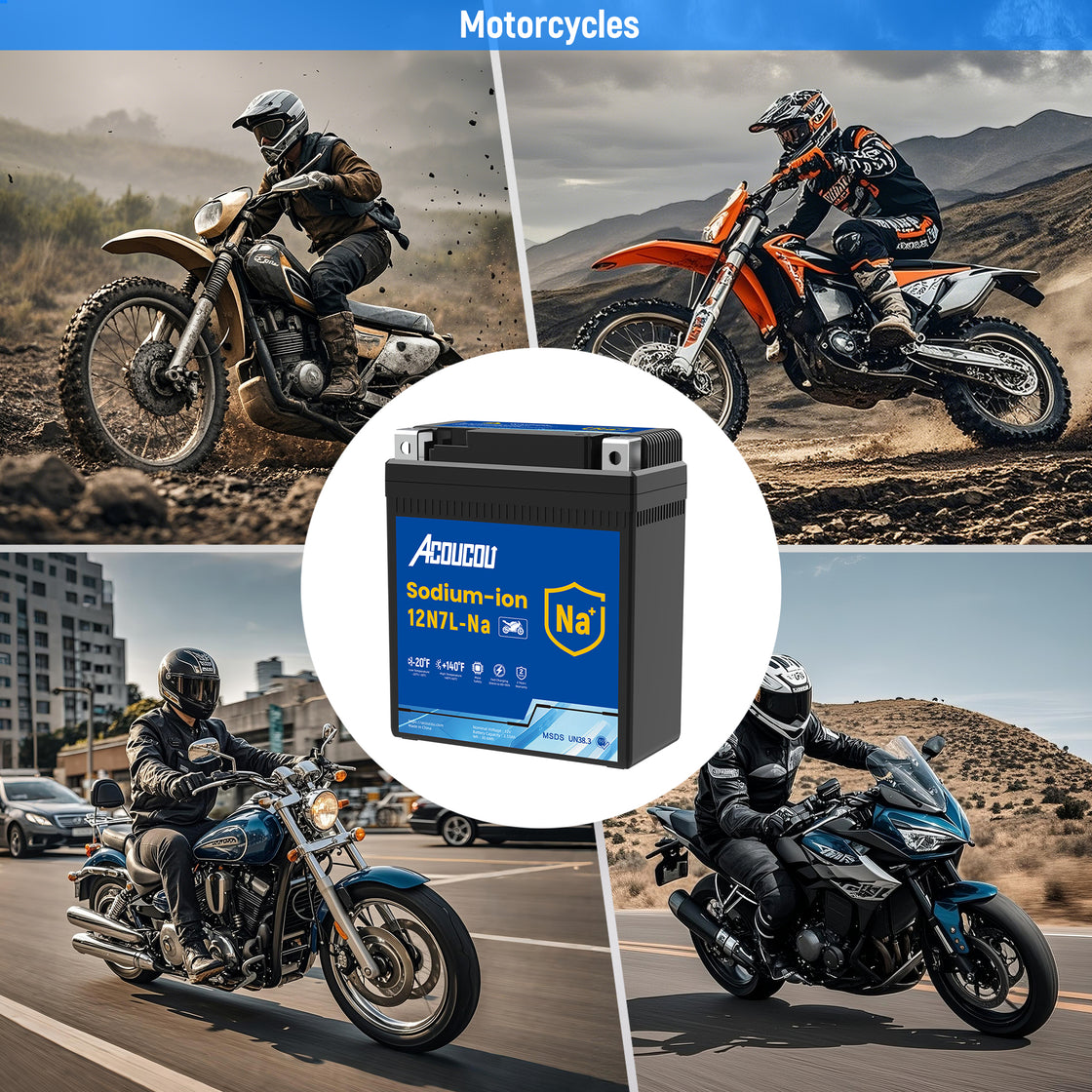 Acoucou 12N7L-BS Motorcycle Battery, 12V Sodium-Ion Battery,, For Motorcycles, ATV, Lawn Mowers, Dirt Bike,Tractors, Scooter, UTV. Replacement for  Lead-acid and Lithium Batteries