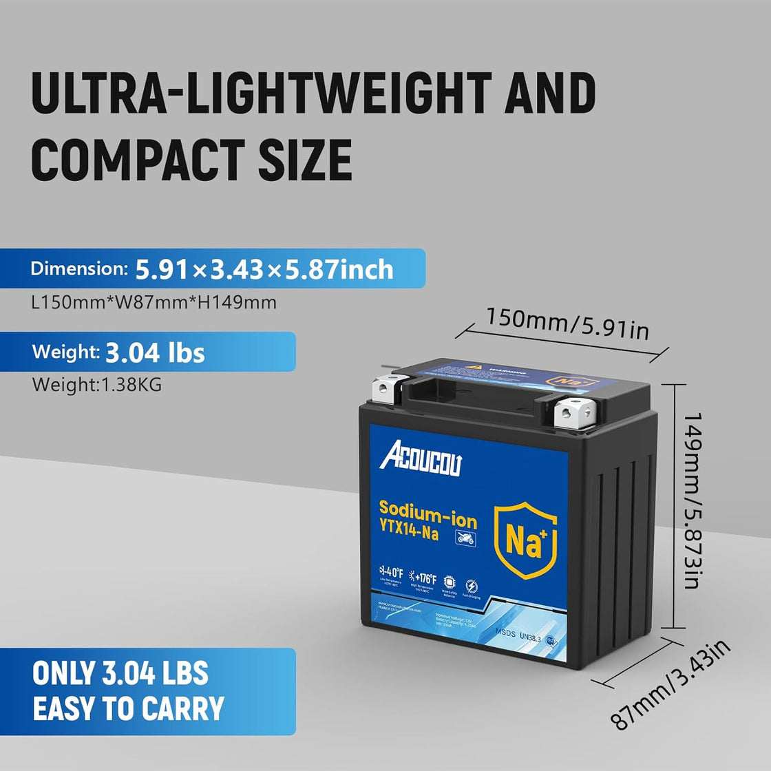 Acoucou YTX14A-BS Motorcycle Battery, 12V Sodium-Ion Battery, 250CCA, High Performance Rechargeable Maintenance Free Batteries For Motorcycles, ATV, Lawn Mowers, Scooter,UTV, ect.