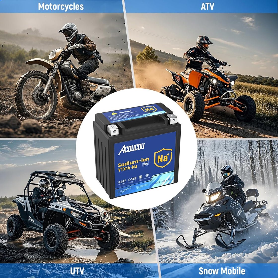 Acoucou YTX14A-BS Motorcycle Battery, 12V Sodium-Ion Battery, 250CCA, High Performance Rechargeable Maintenance Free Batteries For Motorcycles, ATV, Lawn Mowers, Scooter,UTV, ect.