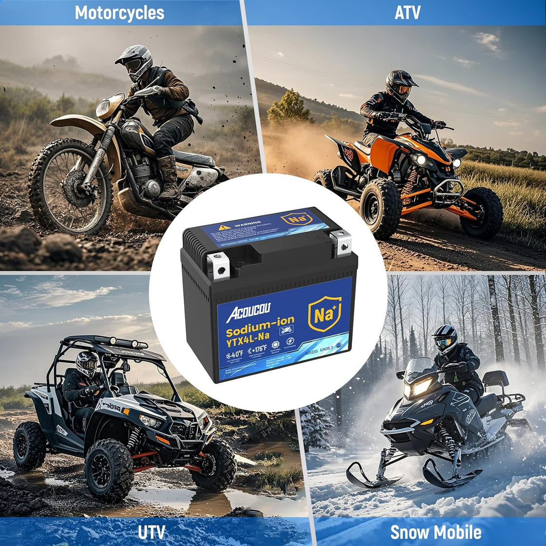 Acoucou YTX4A-BS Motorcycle Battery, 12V Sodium-Ion Battery, 140CCA, High Performance Rechargeable Maintenance Free Batteries For Motorcycles, ATV, Lawn Mowers, Scooter,UTV, ect.