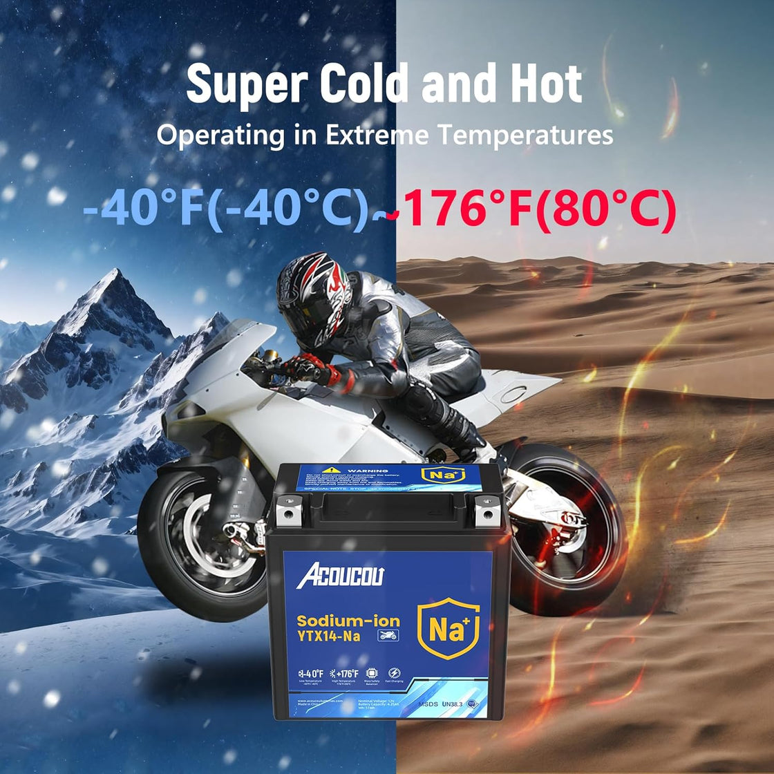 Acoucou YTX14A-BS Motorcycle Battery, 12V Sodium-Ion Battery, 250CCA, High Performance Rechargeable Maintenance Free Batteries For Motorcycles, ATV, Lawn Mowers, Scooter,UTV, ect.