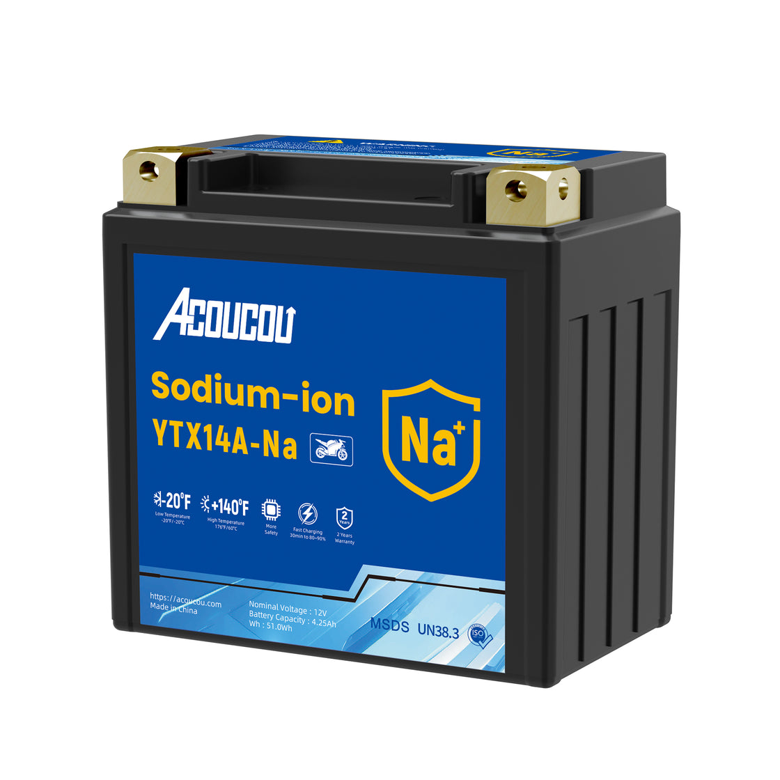 Acoucou YTX14A-BS Motorcycle Battery, 12V Sodium-Ion Battery, 250CCA, High Performance Rechargeable Maintenance Free Batteries For Motorcycles, ATV, Lawn Mowers, Scooter,UTV, ect.