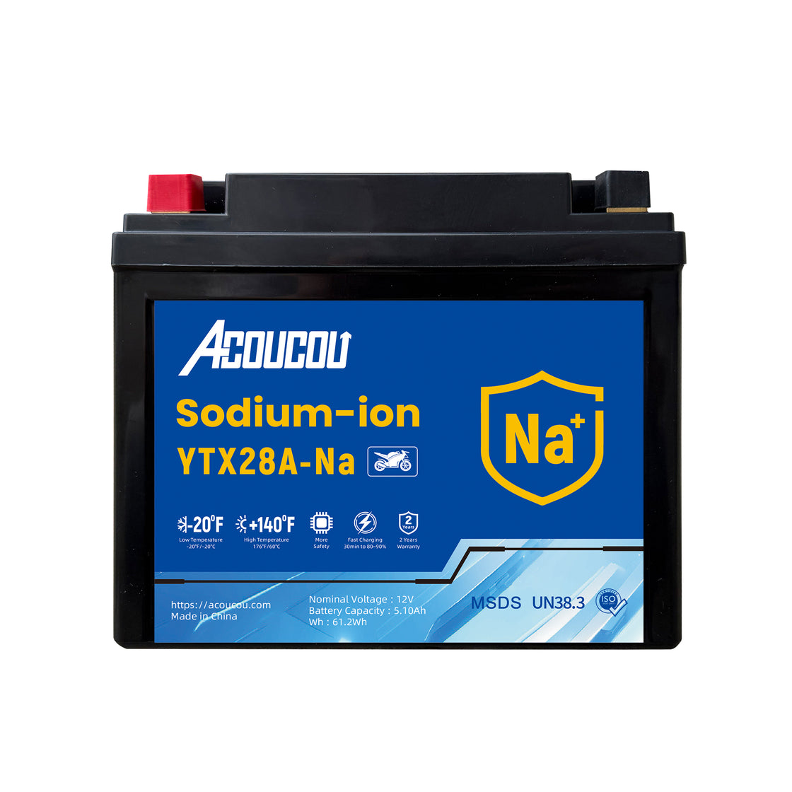 Acoucou 12N28A-BS Motorcycle Battery, 12V Sodium-Ion Battery,, For Motorcycles, ATV, Lawn Mowers, Dirt Bike,Tractors, Scooter, UTV. Replacement for  Lead-acid and Lithium Batteries