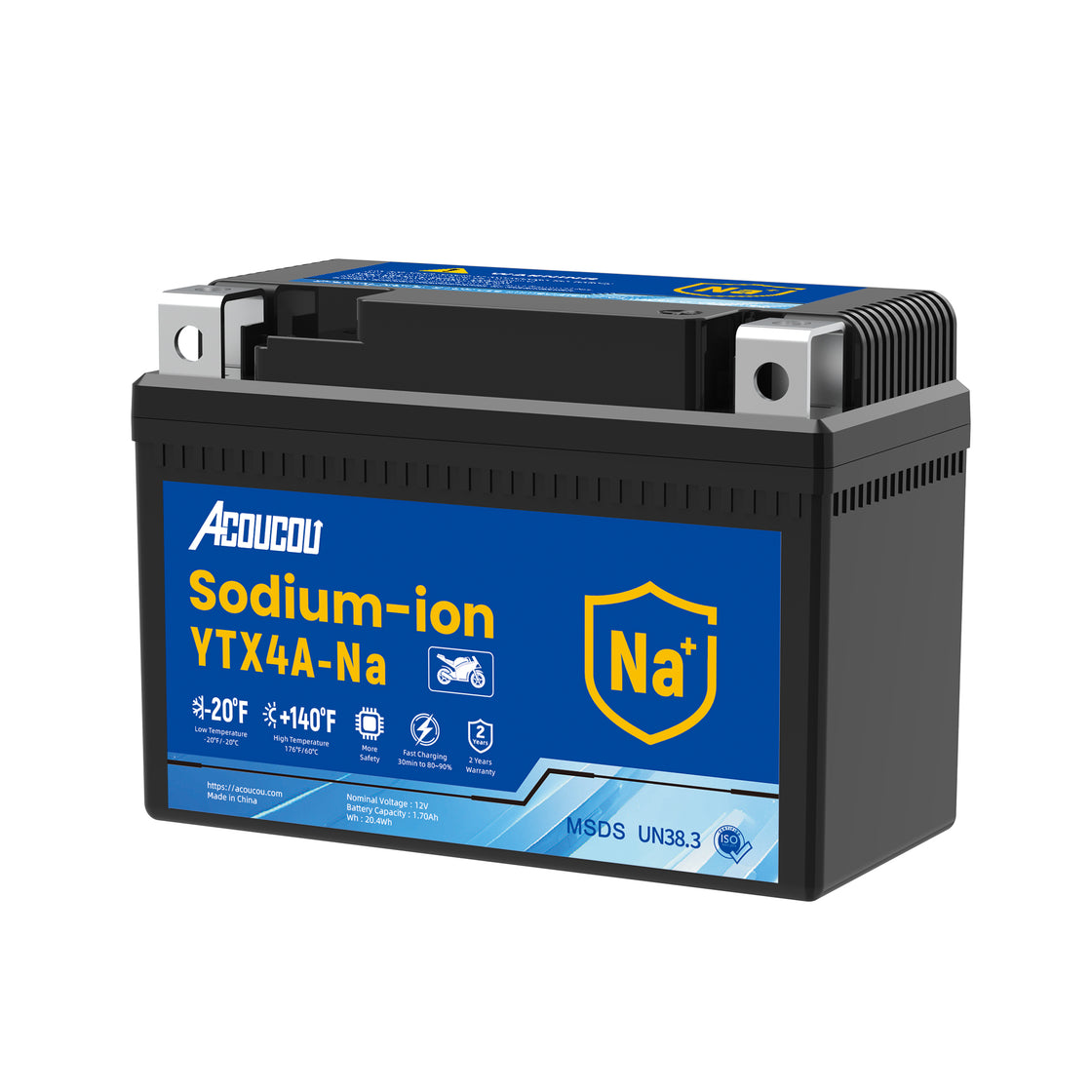 Acoucou YTX4A-BS Motorcycle Battery, 12V Sodium-Ion Battery, 140CCA, High Performance Rechargeable Maintenance Free Batteries For Motorcycles, ATV, Lawn Mowers, Scooter,UTV, ect.