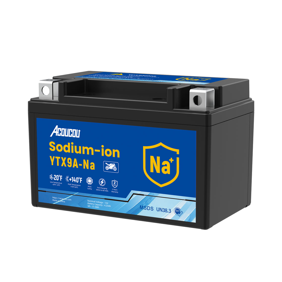 Acoucou  YTX9A-BS Motorcycle Battery, YTX9-BS12V 4.25Ah Sodium-Ion Battery, 250CCA, For Motorcycles, ATV, Lawn Mowers, Tractors