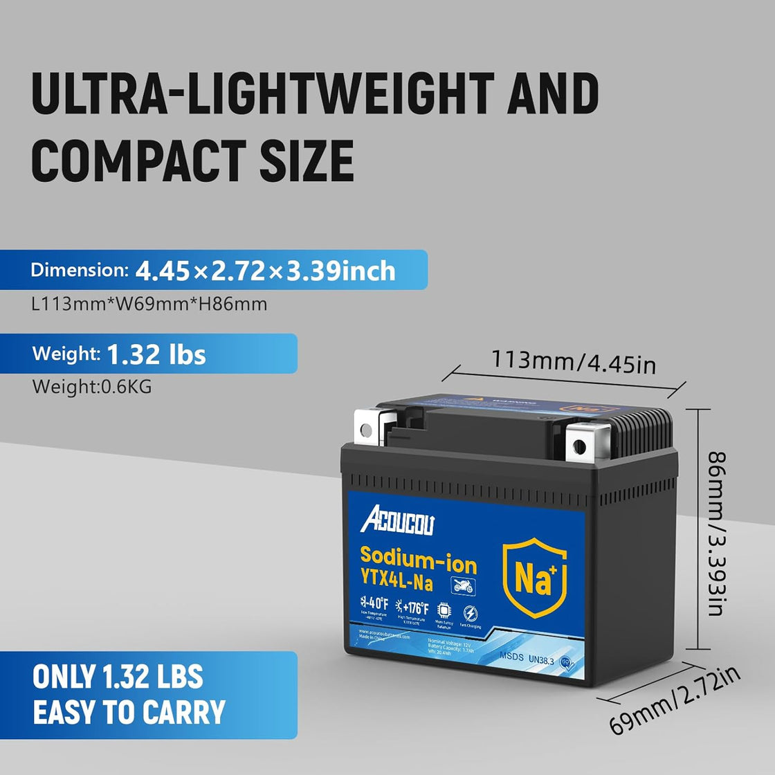 Acoucou YTX4A-BS Motorcycle Battery, 12V Sodium-Ion Battery, 140CCA, High Performance Rechargeable Maintenance Free Batteries For Motorcycles, ATV, Lawn Mowers, Scooter,UTV, ect.
